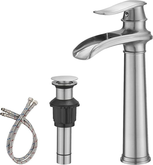BWE Vessel Sink Faucet Brushed Nickel Tall Waterfall Bathroom Faucet Deck Mount Single Handle One Hole Lavatory Vanity Faucet with Pop Up Drain Assembly and Supply Hose