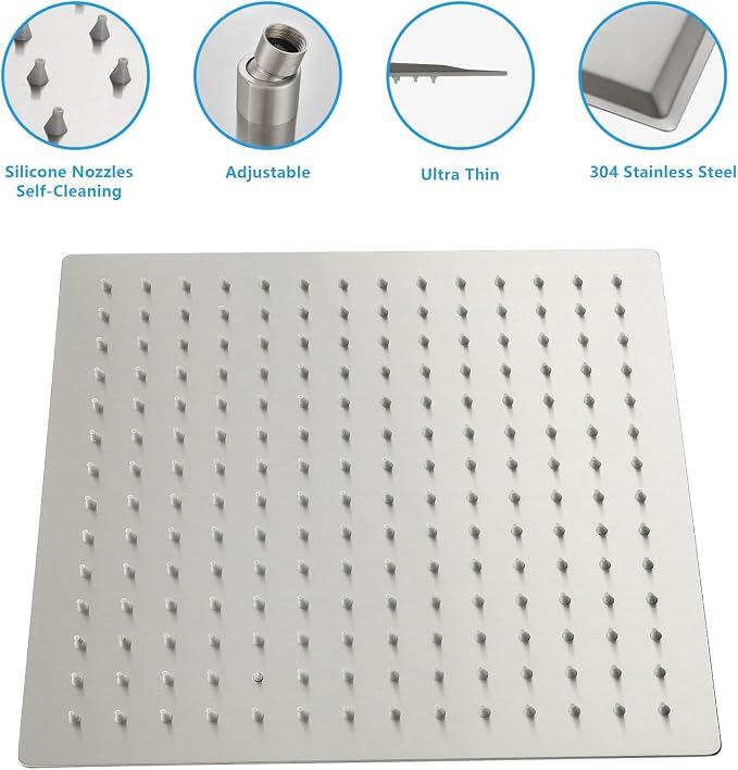 Lordear Rain Shower Heads High Pressure, Rainfall Showerhead for Bathroom Fixed Mount, 12 Inch Large Square High Flow Shower Head (Brushed Nickel)