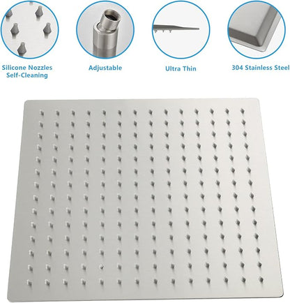 Lordear Rain Shower Heads High Pressure, Rainfall Showerhead for Bathroom Fixed Mount, 12 Inch Large Square High Flow Shower Head (Brushed Nickel)