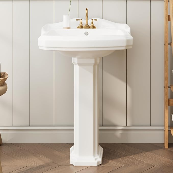 Pedestal Sink Vintage Square Basin with 4 inch 3-Hole Faucet Configuration, Decorative Bathroom Sink for Classic Home Styles, Elegant Pedestal Design for Guest Bathrooms