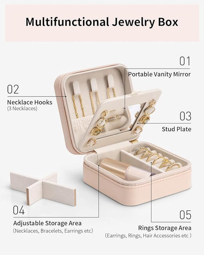 VLANDO Travel Jewelry Case with Mirror, Storage 3 Pairs of Stud Earrings | Necklace Hook for Anti-tangle, Removable Dividers, Waterproof PU Leather,Portable Storage for Rings, Necklace Gifts for Women