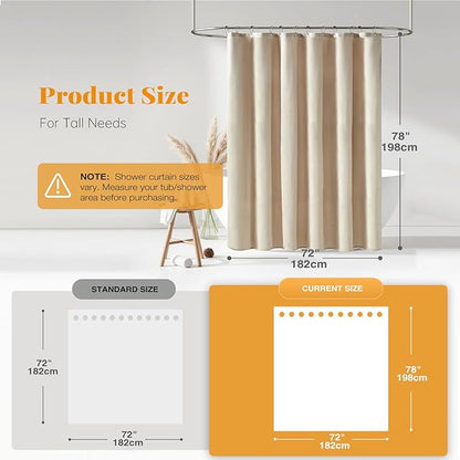 BTTN Long Fabric Shower Curtain, 78 Inch Linen Textured Heavy Duty Polyester Cloth Shower Curtain Set with 12 Plastic Hooks, Hotel Luxury Waterproof Shower Curtains for Bathroom - 72"x78", Beige/Cream