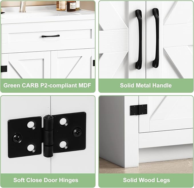 32" Farmhouse Bathroom Vanity with Ceramic Sink, 2 Barn Door Design, Freestanding Storage Cabinet, Actual 31.5" L x 18.5" W x 35.4" H, White