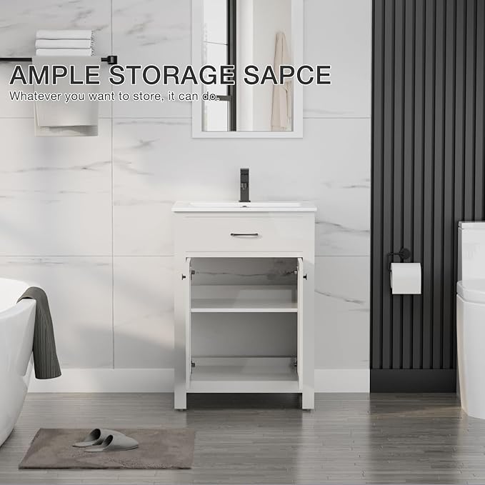 LUCKWIND 24" Bathroom Vanity with Sink Combo, Painted Modern Bathroom Storage Cabinet with Ceramic Sink, Two Doors, Include Faucet Without Mirror, White