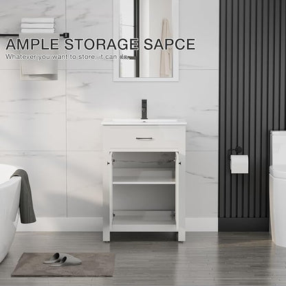 LUCKWIND 24" Bathroom Vanity with Sink Combo, Painted Modern Bathroom Storage Cabinet with Ceramic Sink, Two Doors, Include Faucet Without Mirror, White