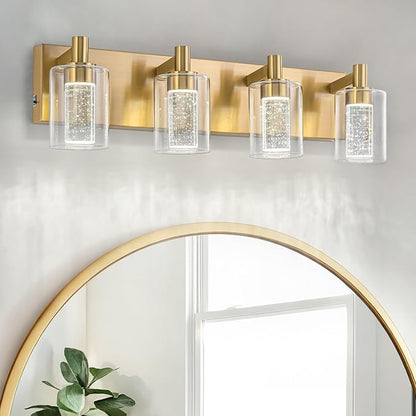 SineRise Vanity Light with 3 Color Modes (3000K/4000K/6000K), Eye Protection LED Bathroom Light Fixture, Dimmable Modern Wall Light Over Mirror with Clear Glass Shade (Gold, 4-Light)