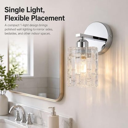 Modern 1-Light Crystal Vanity Light, Chrome Bathroom Light Fixture Over Mirror, Wall Mount for Bathroom, Bedroom, Living Room, Hallway