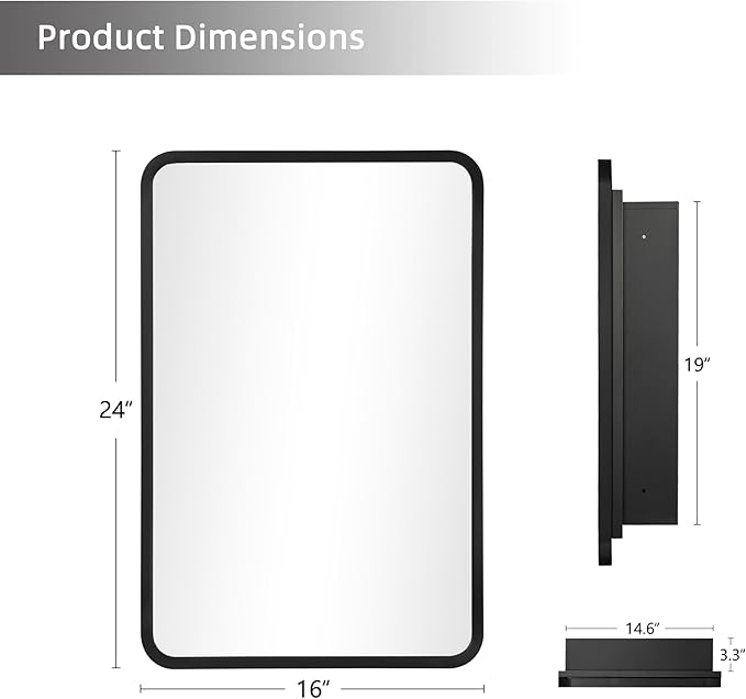 Casaphoria 24" H x 16" W Bathroom Medicine Cabinet with Mirror, Metal Frame Wall Medicine Cabinets Mirrors, Wall Mirror Cabinet, Black