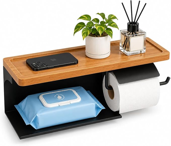 Toilet Paper Holder with Wide Solid Wood Shelf, Wall Mounted Matte Black | 16" X 5.3" Double Roll Holder Fits Phone & Large Wipes Storage | Rust-Resistant for Rustic Farmhouse Bathrooms Organizer