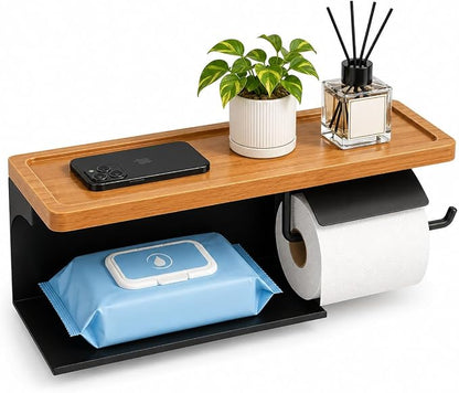 Toilet Paper Holder with Wide Solid Wood Shelf, Wall Mounted Matte Black | 16" X 5.3" Double Roll Holder Fits Phone & Large Wipes Storage | Rust-Resistant for Rustic Farmhouse Bathrooms Organizer