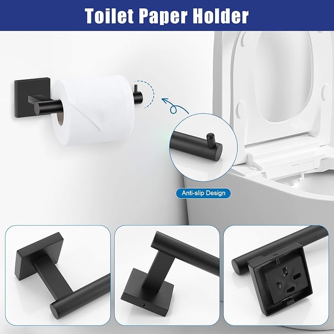 5 Pieces Matte Black Bathroom Hardware Set Black Towel Bar Set for Bathroom SUS304 Stainless Steel Wall-Mounted Towel Racks Set 23.6 Inch