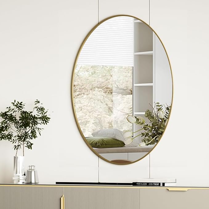 Koonmi Gold Oval Bathroom Mirror, 24"x32" Oval Mirror for Wall | Shatterproof Bathroom Vanity Mirror for Bedroom Living Room Entryway, Horizontal or Vertical, Hardware Included