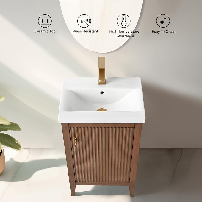 Vanity Art 20 inch Walnut Bathroom Vanity with Single Sink & Ceramic Top, Vanity Cabinet with Soft-Closing Door, Solid Wood Frame, Linear Pattern, Walnut, VA9120-Walnut-MB,Matte Black Handles