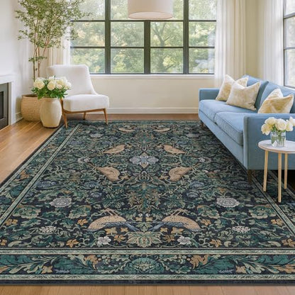 Vintage 8x12 Area Rugs for Living Room - Blue Soft Floral Rug for Bedroom, Dining Room, Washable Botanical Bird Carpet, Non-Slip Stain Resistant Low Pile Throw Rug Indoor Door Mat