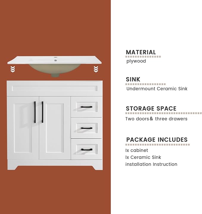 36" Bathroom Vanity with Sink,Plywood Construction Cabinet,2 Soft Closing Doors & 3 Full Extension Drawers Without Faucet Drain and Mirror, White Color