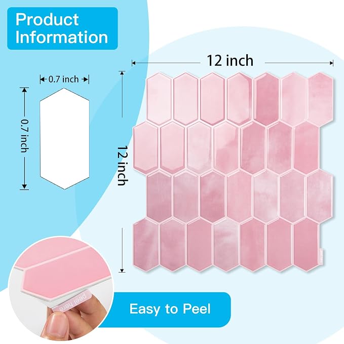 Art3d 10-Sheet Heavy-Duty Peel and Stick Backsplash, Self-Adhesive Vinyl Wall Tiles for Kitchen Countertop Bathroom, Pink (Pack of 2)