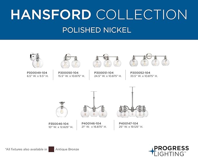Progress Lighting Hansford Collection 1-Light Clear Glass Coastal Bath Vanity Light Polished Nickel