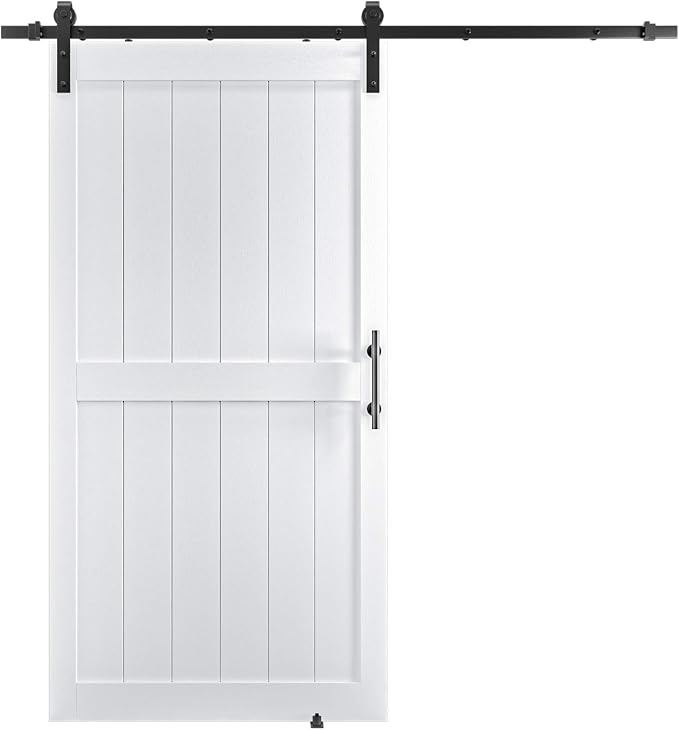 42in x 84in MDF Sliding Barn Door with 7ft Barn Door Hardware Kit & Handle | White Solid Barn Door Slab Covered with Water-Proof PVC Surface, Pre-Drilled Holes Easy Assembly, H-Frame