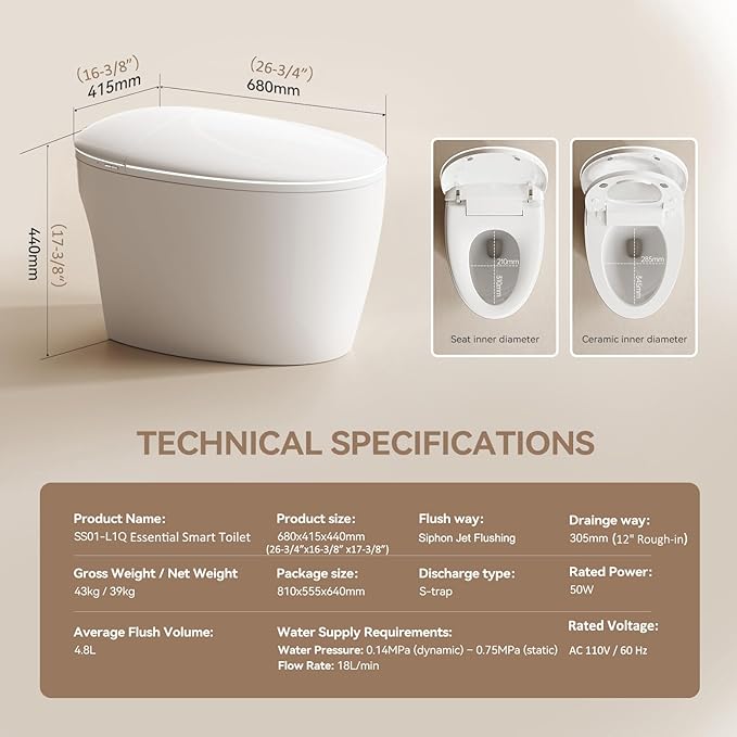 Smart Toilet with Basic Intelligent Function, Elongated Tankless Smart Toilet with Heated Seat, Auto Flush, Foot Kicking Flush, Night Light