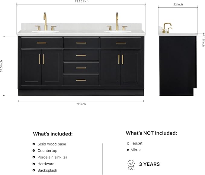 ARIEL Hepburn 72-inch Bathroom Vanity with Sink,Solid Wood, 1.5-inch Carrara White Quartz Countertop & Backsplash, Double Oval Porcelain Sink, 4 Soft Closing Doors, 6 Dovetail Drawers, Black