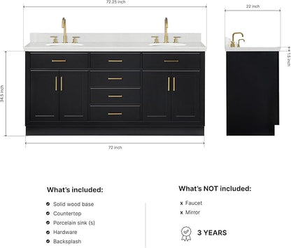 ARIEL Hepburn 72-inch Bathroom Vanity with Sink,Solid Wood, 1.5-inch Carrara White Quartz Countertop & Backsplash, Double Oval Porcelain Sink, 4 Soft Closing Doors, 6 Dovetail Drawers, Black