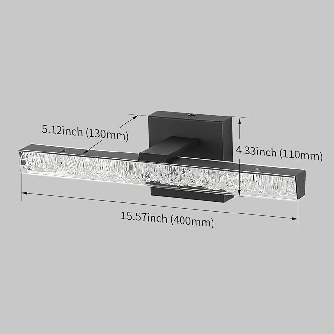 Modern LED Bathroom Vanity Light Fixtures, 16-Inch Black Wall Sconce with Iceberg Crackle Acrylic, Linear Bathroom Lighting Over Mirror Cabinet, Non-Dimmable 110V Wall Mount Lamp for Restroom