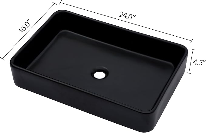 Black Vessel Sink Rectangle- 24"x16" Modern Rectangular Top Counter Bathroom Sink Matte Black Porcelain Ceramic Lavatory Sink Bowl Art Basin