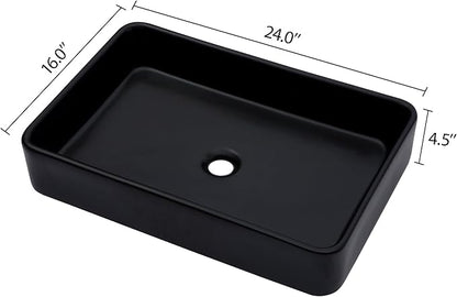 Black Vessel Sink Rectangle- 24"x16" Modern Rectangular Top Counter Bathroom Sink Matte Black Porcelain Ceramic Lavatory Sink Bowl Art Basin