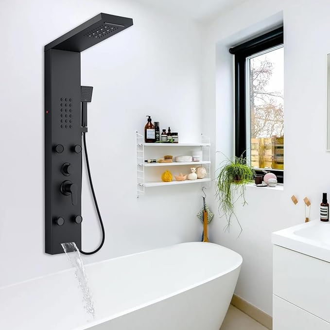 POPFLY Shower Panel Tower System, LED Rainfall & Waterfall Shower Head with Body Jets, Handheld Shower & Tub Spout, Matt Black Stainless Steel Wall-Mounted Bathroom Shower Column Tower
