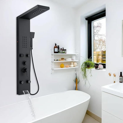 POPFLY Shower Panel Tower System, LED Rainfall & Waterfall Shower Head with Body Jets, Handheld Shower & Tub Spout, Matt Black Stainless Steel Wall-Mounted Bathroom Shower Column Tower