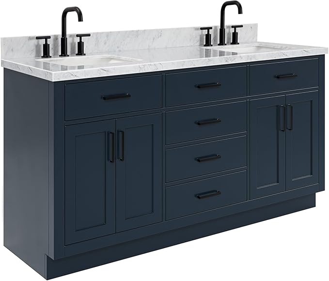 ARIEL Hepburn 66-inch Bathroom Vanity with Sink,Solid Wood, 1.5-inch Italian Carrara Marble Countertop, Double Rectangular Porcelain Sink, 4 Soft Closing Doors, 6 Dovetail Drawers, Midnight Blue