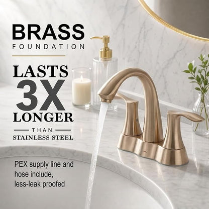 Champagen Gold Bathroom Faucet 3 Hole, 2 Handle Bathroom Sink Faucet, 4 Inch Centerset Bathroom Faucet with Drain Assembly, BF423-CB