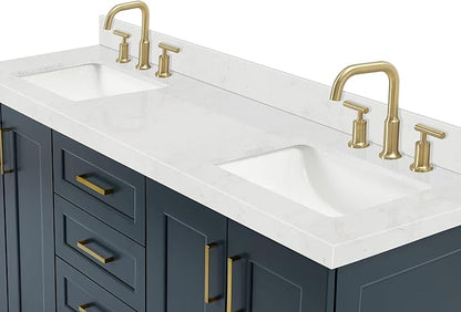 ARIEL Taylor 66-inch Bathroom Vanity with Sink,Solid Wood, 1.5-inch Carrara White Quartz Countertop, Double Rectangular Porcelain Sink, 4 Soft Closing Doors, 5 Dovetail Drawers, Midnight Blue