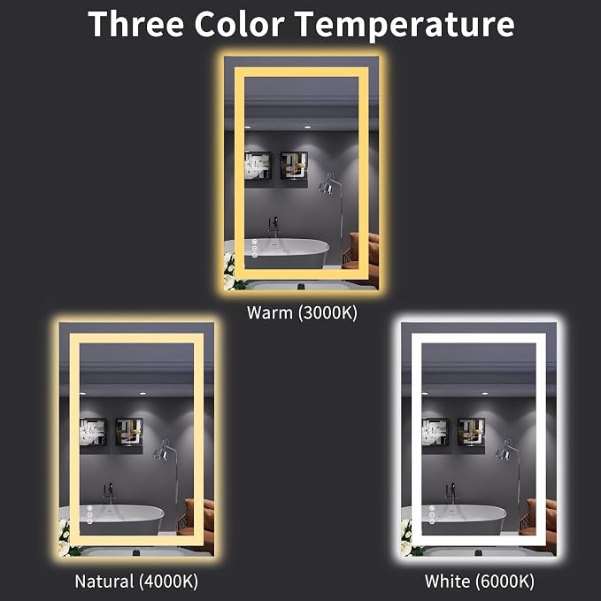 LOAAO 24"X36" LED Bathroom Mirror with Lights, UL Listed | Anti-Fog, Dimmable, 3 Color Temperature, Backlit + Front Lit, Memory Function, Tempered Glass