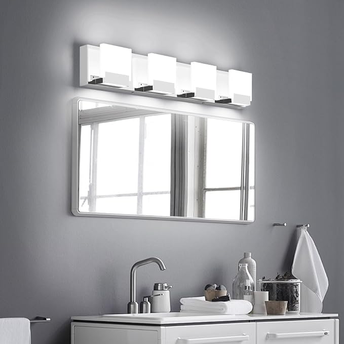 4 Light Bathroom Light fixtures - LED Bathroom Lights Over Mirror - Modern Chrome Vantiy Light 6000K Cool Whtie
