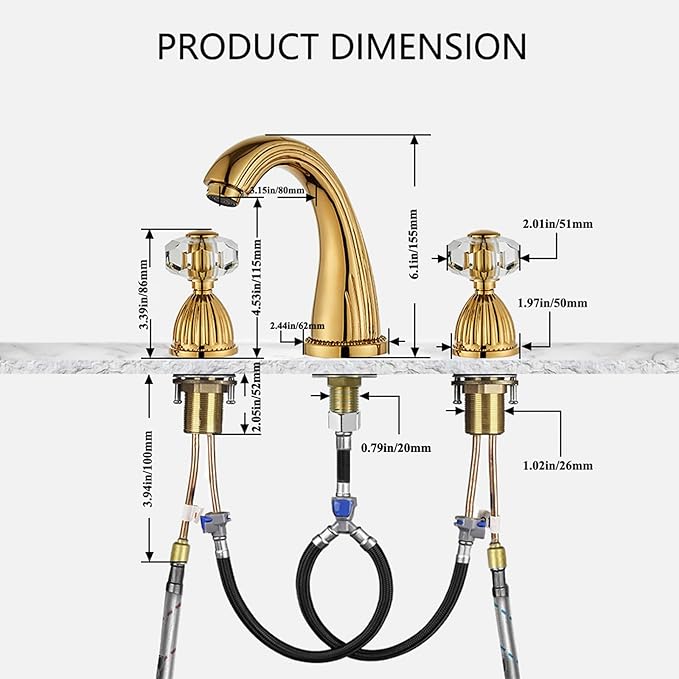 Wovier Shiny Polished Gold Widespread Bathroom Sink Faucet,Two Crystal Handle Three Hole Brass Lavatory Vanity Faucet,8-16 Inch Basin Mixer Tap Without Drain