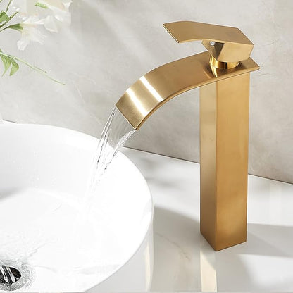 Brushed Gold High Arc Bathroom Faucet Single Lever Basin Mixer G1/2 Sink Tap with Waterfall Design Stainless Steel Finish for Modern Vanity