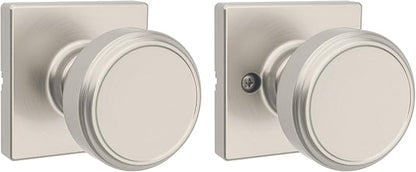 Kwikset Maven Interior Passage Door Knob, Handle for Closet and Hallway Doors, Square Non-Locking Doorknob in Satin Nickel, with Microban Protection