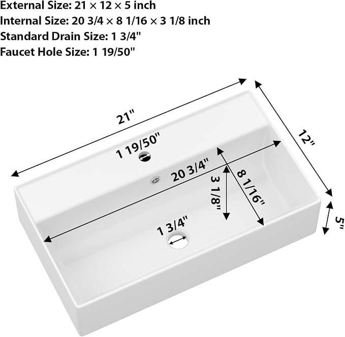 Wallmounted Bathroom Vessel Sink - 21"x12" Rectangular Floating Wall Hung Sinks Ceramic Wash Hand Basin White Wall Mount Vanity Sink for Modern Bathroom