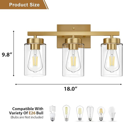 IZORRO Modern Bathroom Light Fixtures, 3 Light Brushed Gold Vanity Lights, Bathroom Lighting Fixtures Over Mirror with Clear Glass for Living Room Cabinet Bedroom
