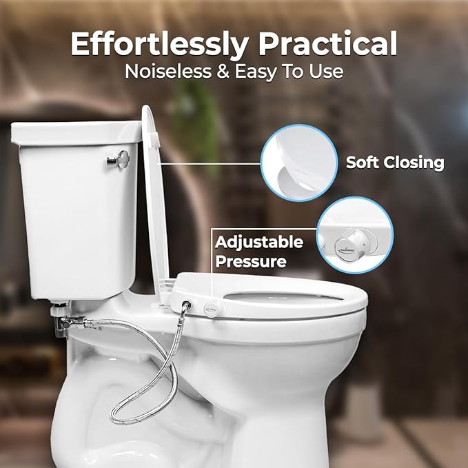 GenieBidet Right Side Bidet Toilet Seat Round - Round Bidet Toilet Seat with Adjustable Self-Cleaning Nozzles, Attachment, T Adapter & Bottle - Non Electric Bidet Seat