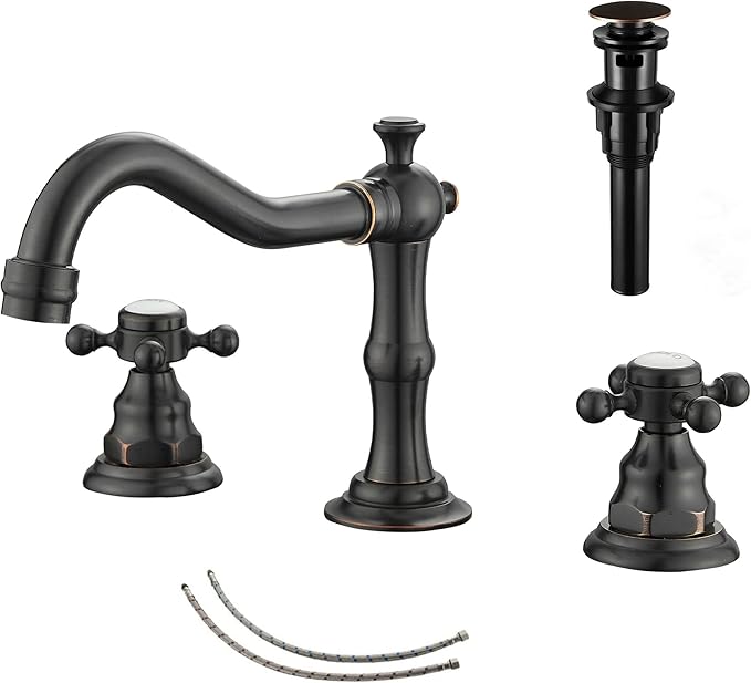 2 Handles 3 Holes Faucet Widespread Bathroom Sink Faucet Oil Rubbed Bronze Basin Tap Mixer Supply Hose Included Matching Pop Up Drain