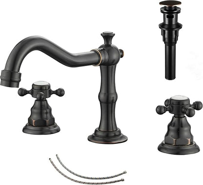 2 Handles 3 Holes Faucet Widespread Bathroom Sink Faucet Oil Rubbed Bronze Basin Tap Mixer Supply Hose Included Matching Pop Up Drain
