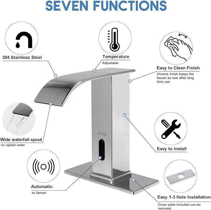 Automatic Sensor Touchless Bathroom Faucet, Modern Chrome Bathroom Faucet for Sink 1 Hole, Waterfall Single Hole Bathroom Sink Faucet Stainless Steel, Hands Free Motion Sensor Lavatory Faucet
