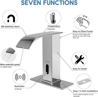 Automatic Sensor Touchless Bathroom Faucet, Modern Chrome Bathroom Faucet for Sink 1 Hole, Waterfall Single Hole Bathroom Sink Faucet Stainless Steel, Hands Free Motion Sensor Lavatory Faucet