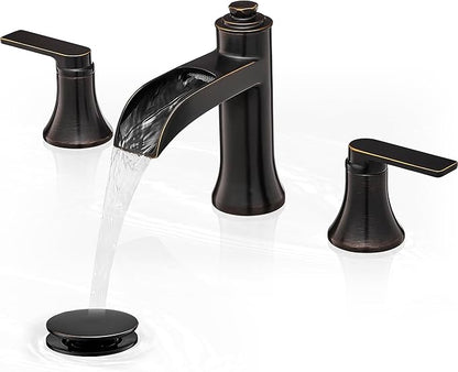 Waterfall Bathroom Faucets 3 Hole, 8 Inch Brass Oil Rubbed Bronze Bathroom Faucet, 2 Handles Bathroom Sink Faucet, Widespread Faucet for Bathroom Sink with Pop-up Drain & Hose