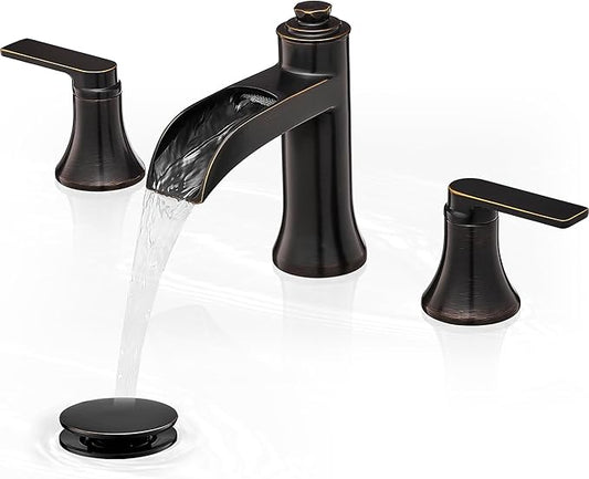 Waterfall Bathroom Faucets 3 Hole, 8 Inch Brass Oil Rubbed Bronze Bathroom Faucet, 2 Handles Bathroom Sink Faucet, Widespread Faucet for Bathroom Sink with Pop-up Drain & Hose