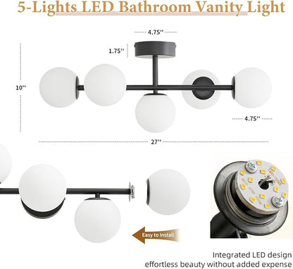 Modern Bathroom Vanity Light Fixtures,LED Matte Black Wall Sconce Lighting | 5 Lights Milk Glass Globe Vanity Light, Makeup Bathroom Vanity Lights,Dimmable Brass Mid Century Wall Sconces over Mirror