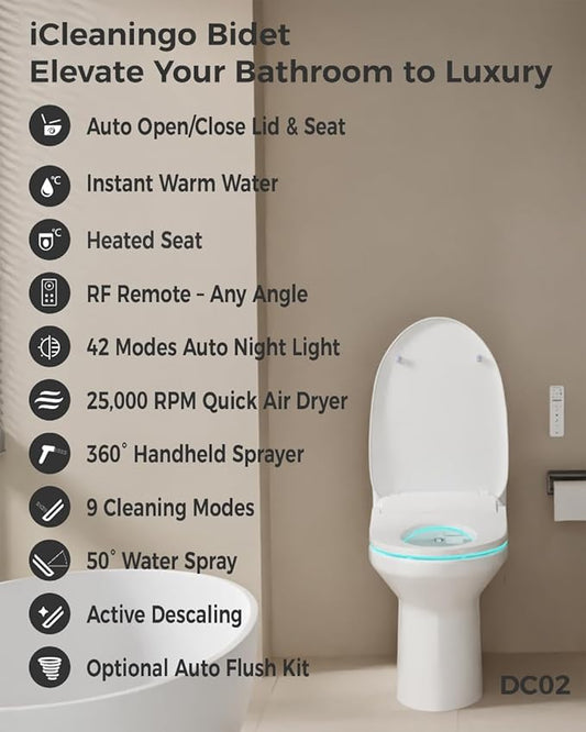 DC02 iCleaningo Electric Bidet Toilet Seat, Auto Open & Close Lid, Heated Seat, Adjustable Wash & Dry, 360° Handheld Sprayer, 42-Color Dual-Ring Ambient Light, Elongated, Remote