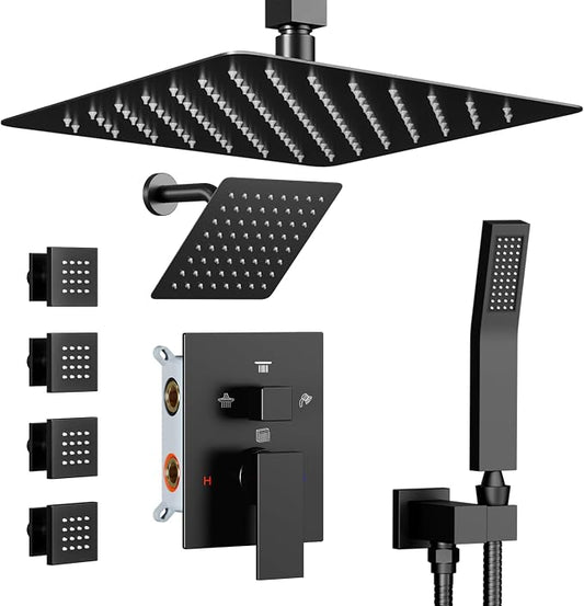 Shower Systems with Body Jets, STARBATH 4 Way 12+6" Rainfall Shower Head with Handheld Spray Combo, Ceiling Mounted Shower Jets System in Wall Shower Faucet Sets Complete, Matte Black